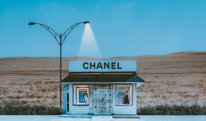 Focus Keyphrase: August 2026 Horoscopes Claudia VanniniA minimalistic Chanel store illuminated by street lamps under a crescent moon and starry night sky.